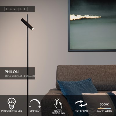 Lucide PHILON - Stehlampe Mit Leselampe - Ø 23 cm - LED Dim. - 1x4,5W 3000K - Schwarz